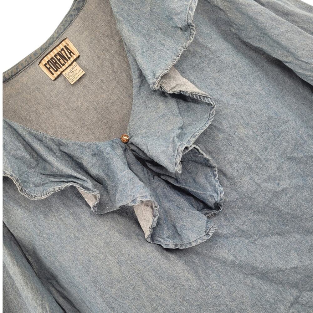 Forenza Chambray Blouse 80s Ruffle Poet Top Romantic‎ Coquette Plus